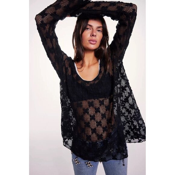 Free People Olivia Grady Lace top Medium Black Sheer Mesh Cyber Boho Swim NEW - Picture 1 of 13
